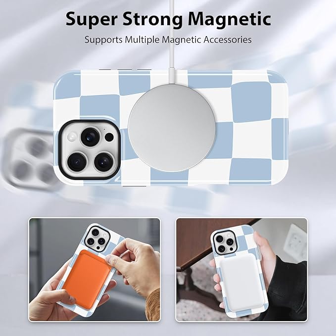 KANGHAR Compatible with iPhone 16 Pro Case, Support for MagSafe, Silicone Checkered Cute Pattern, Finger Hold Wristband Kickstand Camera Protection Soft Slim Phone Case for Girls Women -Light Blue
