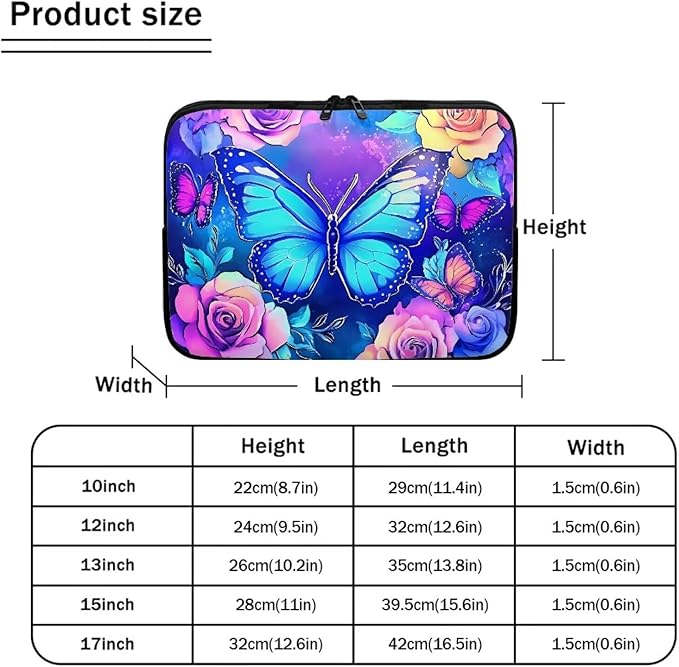 Butterfly Computer Sleeve for Women Laptop Sleeve 15inch Neoprene Lap Top Case with Padded Compartment Computer Carrying Case Purple Rose Laptop Sleeve Bag