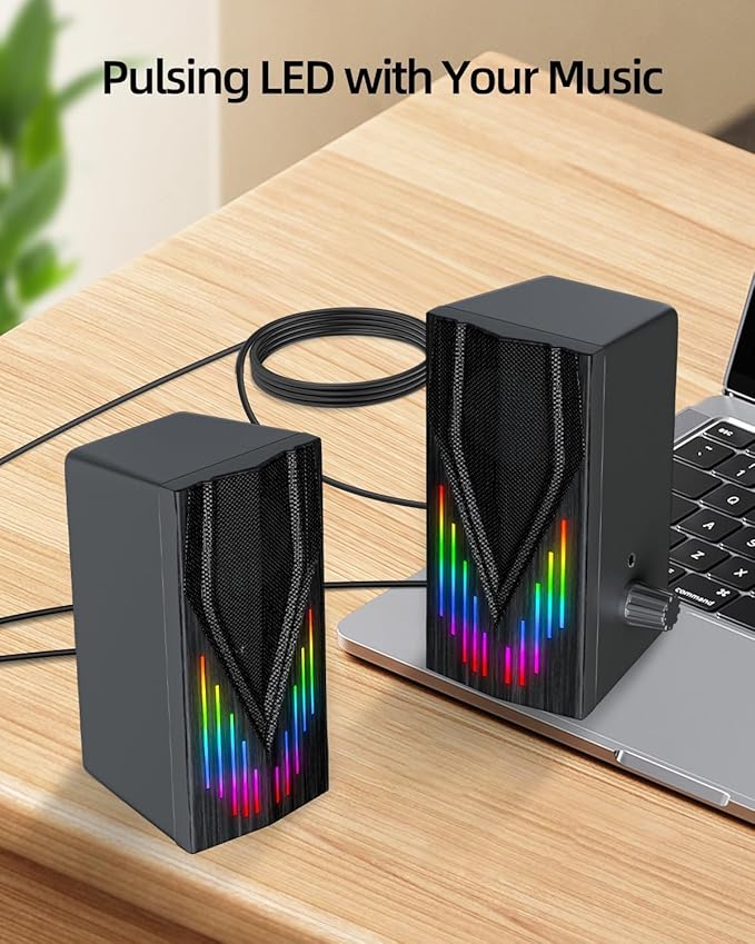 Uakinat Computer Speakers with 6 Colorful RGB Lights,USB Powered 3.5mm Aux with Loud Stereo Sound,Headphone-in for Desktop,PC/Laptop/Tablet Phone
