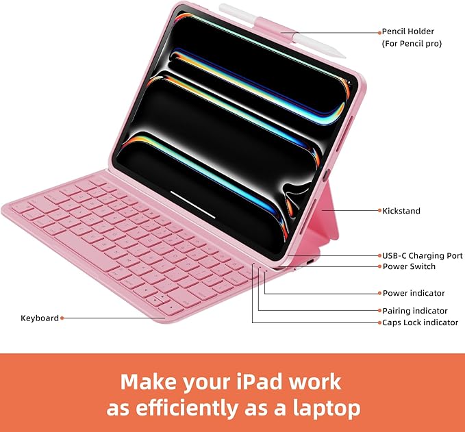 Magitype Case with Keyboard Compatible for iPad Pro 11 inch(M4/ M5): Bluetooth Wireless Magnetic Stand Rechargeable Keyboard with Pencil Holder (Light Pink)