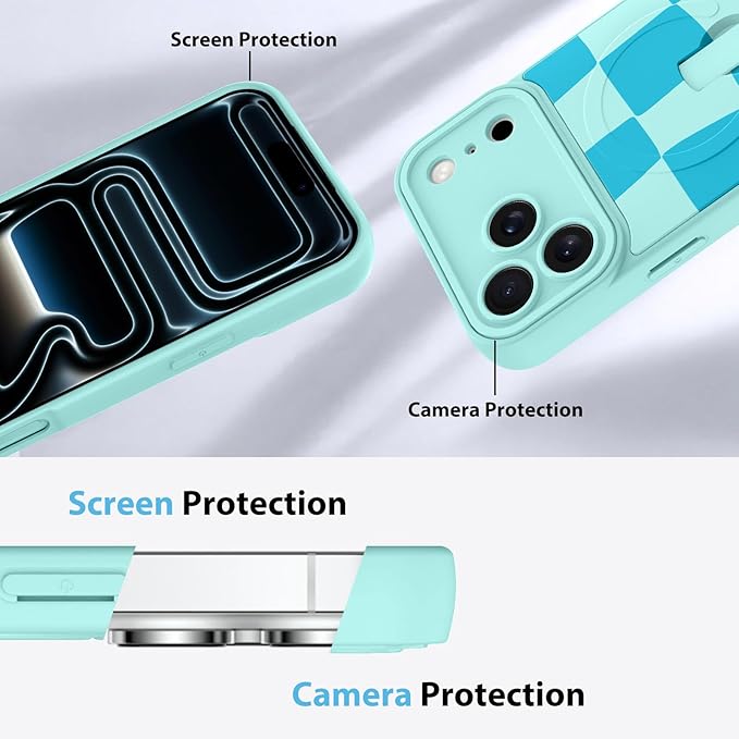 KANGHAR Compatible with iPhone 17 Pro Case, Support for MagSafe, Silicone Checkered Cute Pattern, Wristband Kickstand Camera Protection Soft Slim Cover for Girls Women -Blue