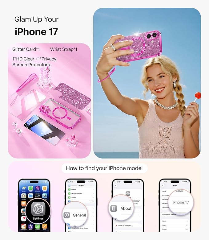 Meifigno Designed for iPhone 17 Case, [Glitter Card & Wrist Strap] [Compatible with MagSafe] [1HD+1X Privacy Screen Protectors] Surround Raised Lens Protection for iPhone 17 Case 6.3 Inch, Hot Pink