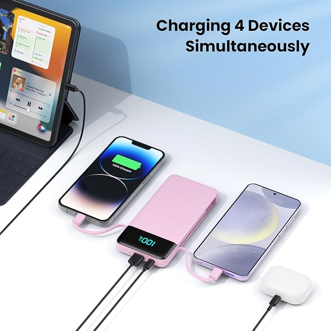 Portable Charger for iPhone,13800mAh Slim Power Bank with Built-in Cables & AC Wall Plug,All in One 4 Outputs USB C Fast Charging Battery Pack for iPhone 17/16/15/14,Android,Travel Essential (Pink)