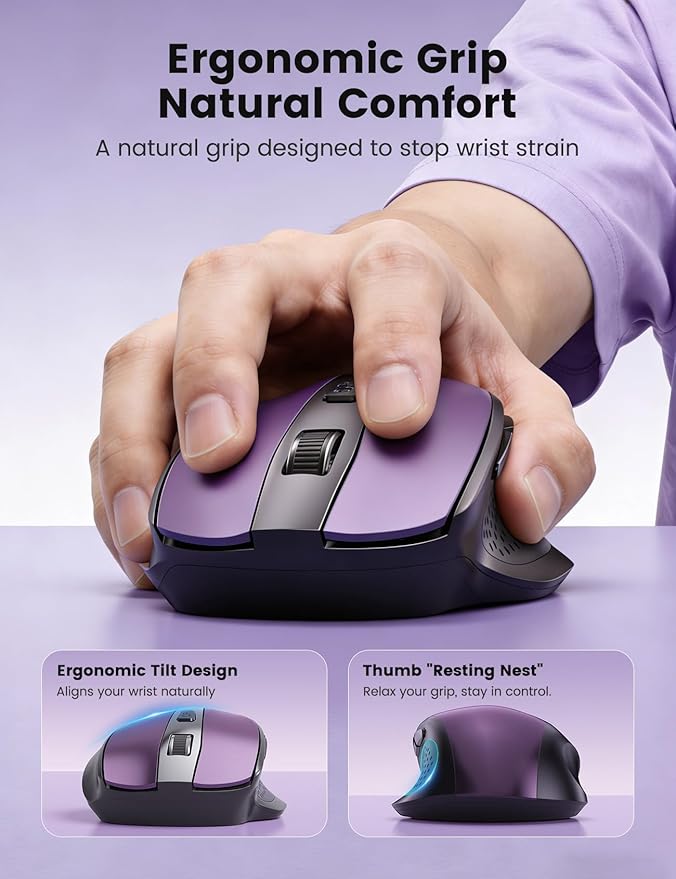 SABLUTE Purple Wireless Mouse for Laptop, 2.4GHz Computer Mouse with USB-A&C Receiver, Office Cordless Mice with 6 Buttons & 3 Level DPI for Small to Medium Hands, Compatible with PC, Desktop, Tablet