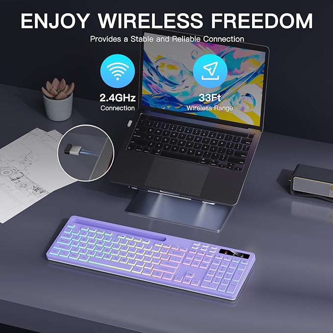 Soueto Wireless Keyboard with 7-Color RGB Backlit, Full-Size Computer Keyboard with Phone Tablet Holder, 2.4G Rechargeable Gaming Keyboard with Light Up Keys, Compatible with Mac, Windows (Purple)