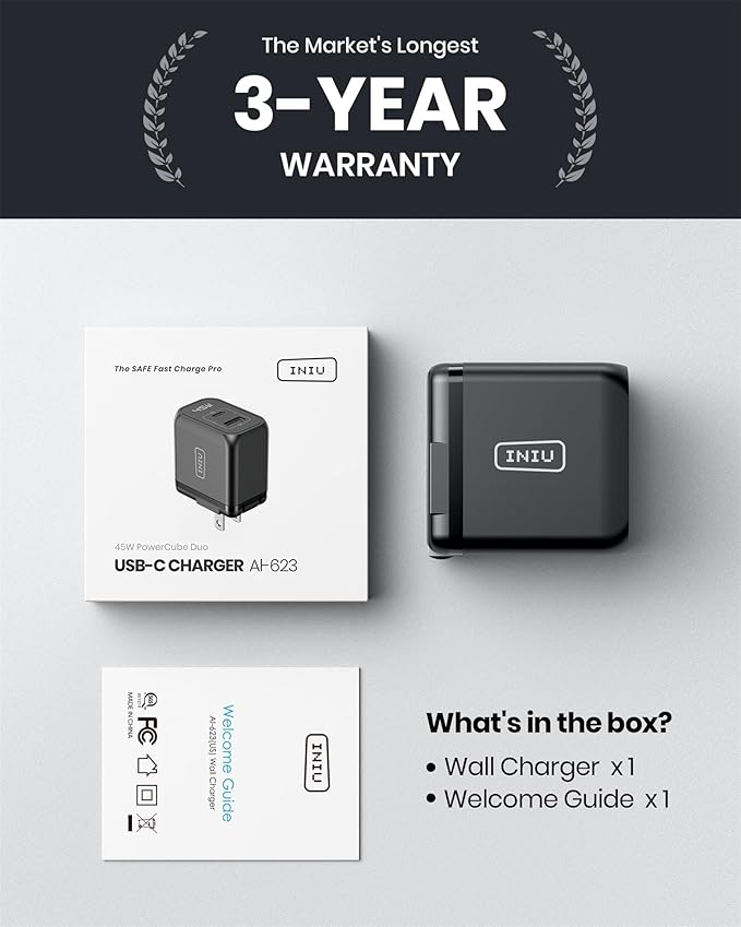 USB C Charger, INIU 2-Port 45W Super Fast Charger Type C, Mini Foldable PD PPS USB C Wall Charger Block by GaN Tech for Samsung Galaxy S23 Ultra iPhone 16 15 14 MacBook iPad Pro Steam Deck etc