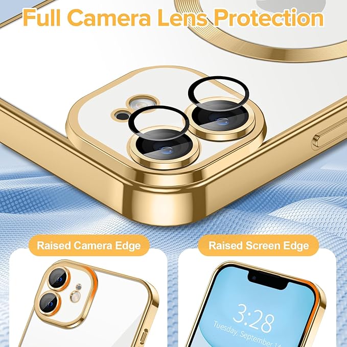 Hython Magnetic Clear for iPhone 11 Case with Camera Lens Protector [Compatible with MagSafe] Luxury Plating Edge Slim Soft TPU Cover Protective Phone Case for iPhone 11 6.1", Gold