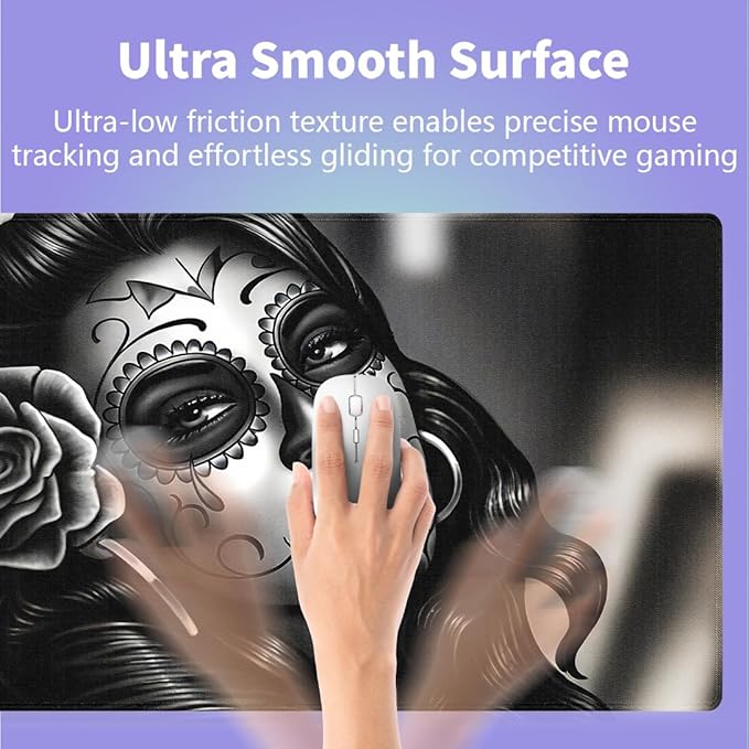 Large Gaming Mouse Pad (31.5" x 15.8") - Monochrome Sugar Skull Portrait with Rose Black Gray Day of The Dead Gift, Extra XXL Extended Office Accessories, Premium Stitched Anti-Slip Desk Mat