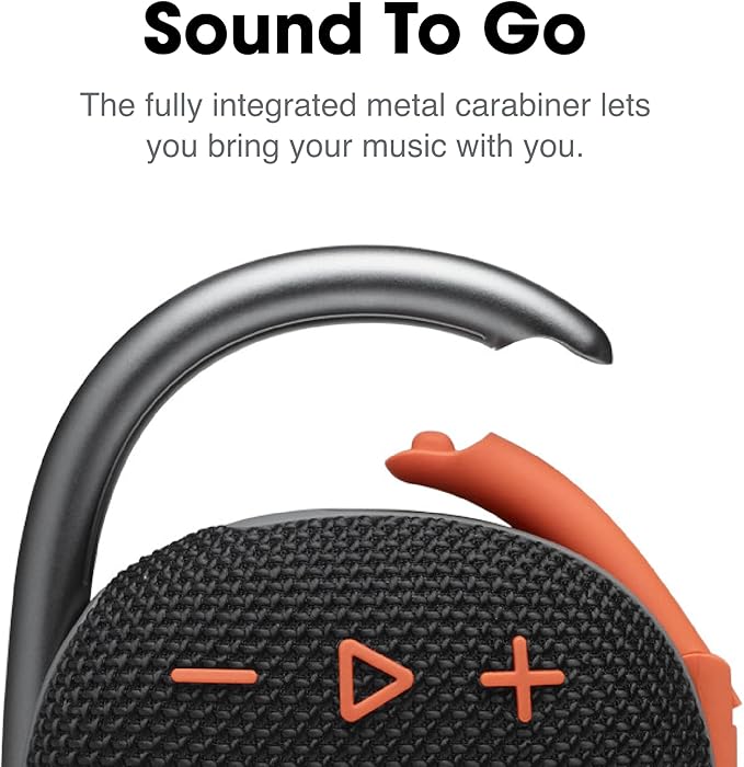 JBL Clip 4, Black/Orange - Portable Bluetooth 5.1 Speaker - Up to 10 Hours of Play - Waterproof & Dust Resistant - Includes Noise & Echo-Canceling Speakerphone