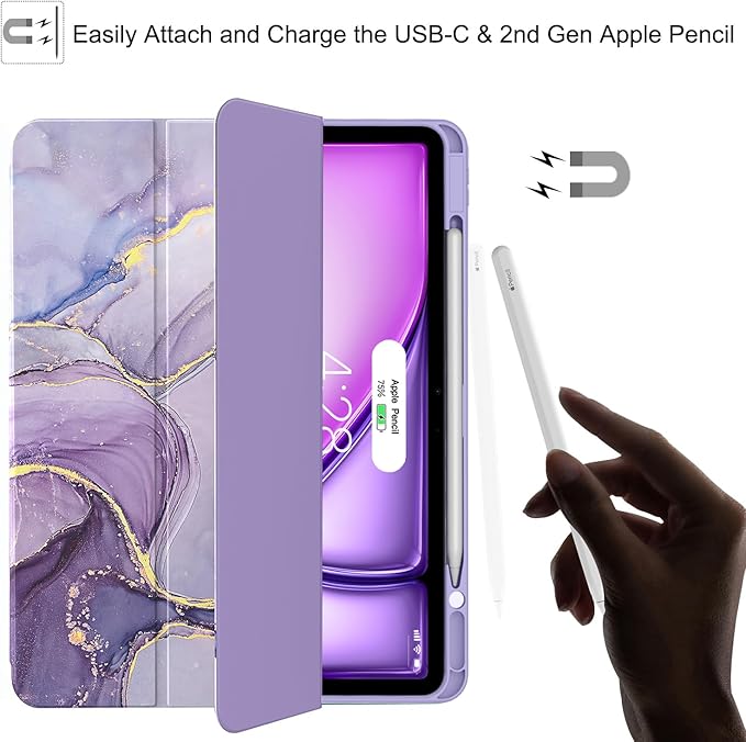 Soke Case for iPad Air 13 Inch (M4/M3/M2,2026-2024), iPad Pro 12.9" 6th/5th Generation with Pencil Holder(2021 2022 Release)-[Apple Pencil Charging + Auto Wake/Sleep] Soft Back Cover, Lilac Marble