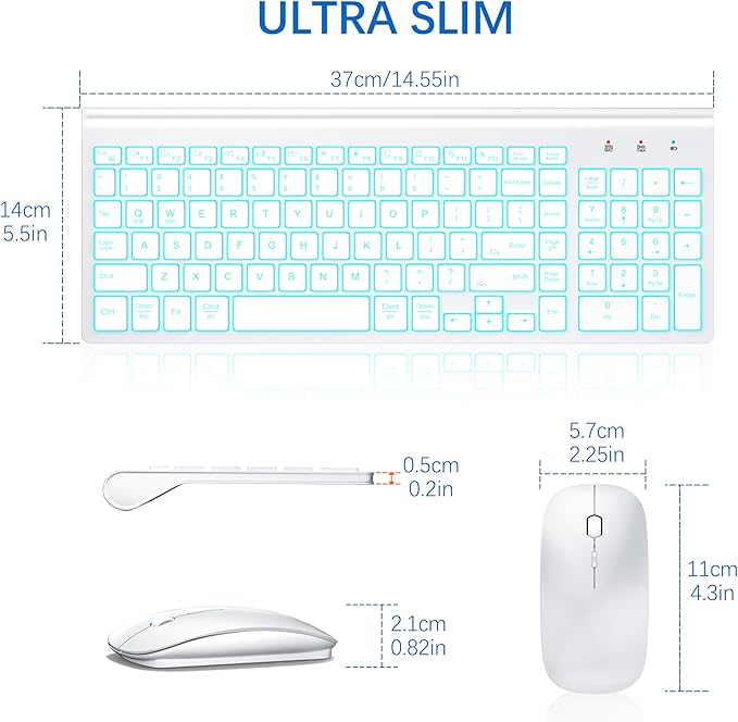 TopMate Wireless Keyboard and Mouse Ultra Slim Combo, 2.4G Silent Compact USB 2400DPI Mouse and Scissor Switch Backlit Keyboard Set, for PC/Laptop/Windows/Mac/Gaming - Matte White