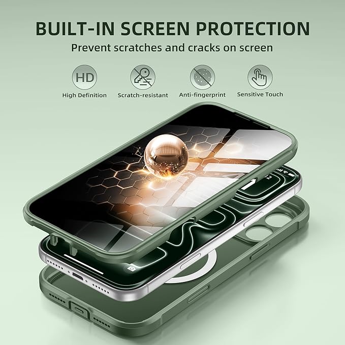 BERFY for iPhone 17 Pro Case, Compatible with MagSafe, Built-in Privacy Screen Protector, Camera Protection, Shockproof Full Body Phone Case 6.3", Translucent Deep Green