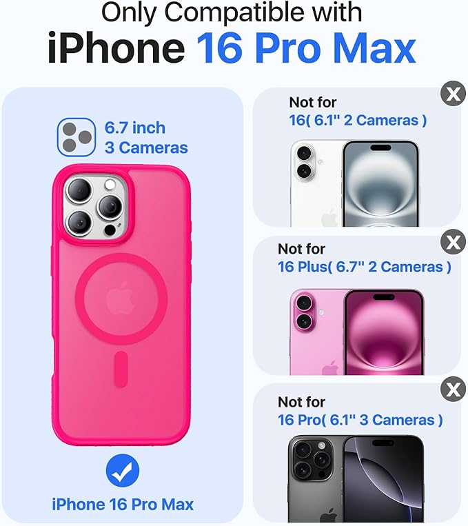 Magnetic for iPhone 16 Pro Max Case, [Compatible with MagSafe][Military-Grade Drop Protection][Anti-Yellowing] Shockproof Translucent Matte Cover for iPhone 16 Pro Max Phone Case,Hot Pink