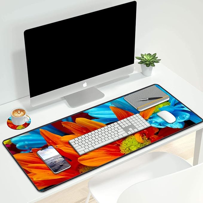 Desk Pad Mat Gaming Mouse Pads with Coasters Set, Stitched Edges Design Mouse Pad XXL Large Mouse Pad for Laptop Computers Daisy Flowers Bloom Colorful Petals Desk Writing Mat for Office & Home