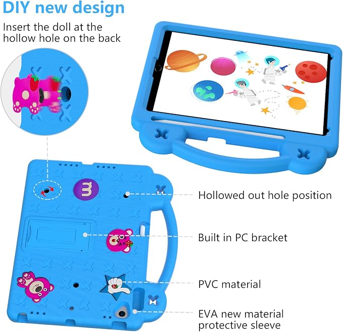 Dteck for iPad 9th/8th/7th Generation 10.2" Kids Case,Strawberry Panda Shockproof Rugged Lightweight Convertible Handles Stand Pencil Holder Kids Friendly Case for iPad 10.2" 2021/2020/2019,Sky Blue