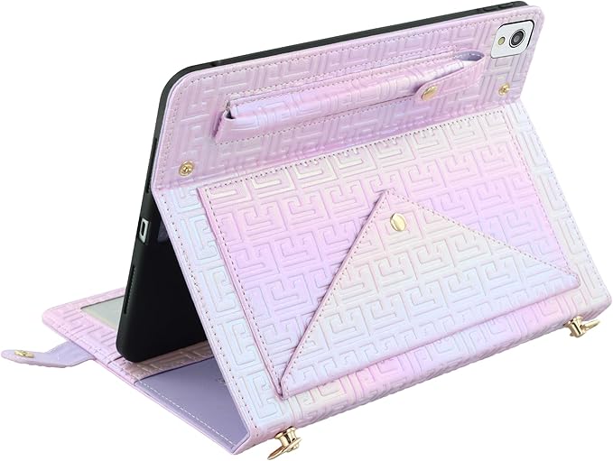 Shiny Case for iPad 9th 8th 7th Gen 10.2"/iPad Air 2019/iPad Pro 10.5, Techcircle Crossbody Iridescent Folio Stand Wallet Case with Pencil Holder+Card Slots+Hand Strap+Shoulder Strap, Shiny Lilac