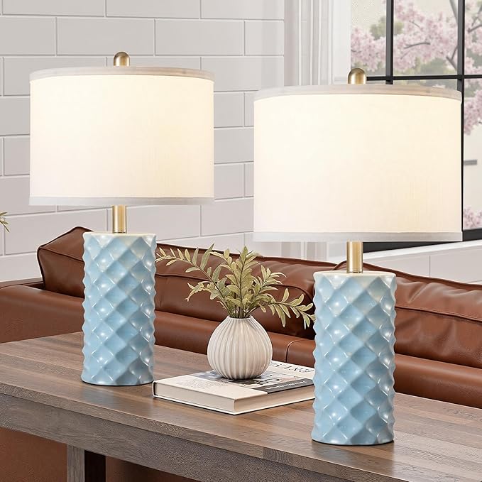 Sky Blue & Star Diamond Ceramic Table Lamps (Set of 2) - 23" Luxe Modern Bedside Lamps for Nightstand,bedrooms, Living Rooms, or entryways & Rotary Switch,No Bulbs