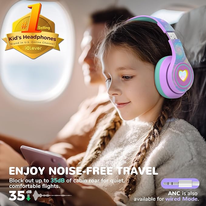 iClever Auraa Active Noise Cancelling Headphones for Kids, LED Light Up, Bluetooth 6.0, Safe Volume 80dBA, 47H Play Time,Fast Charging,Kids Headphones Wireless with Mic AUX Cord for Travel iPad,Purple