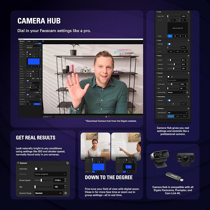 Elgato Facecam 4K - 4K60 Studio Webcam, DSLR-Like Control, Cinematic Effects, 49mm Lens Filters, HDR, Uncompressed Video, Optimized Focus Area | USB-C for PC & Mac