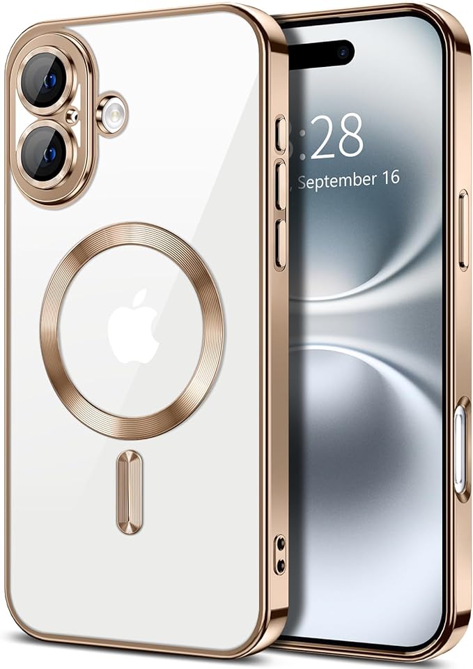 Hython Magnetic Clear for iPhone 16 Case with Camera Lens Protector [Compatible with MagSafe] Luxury Plating Edge Slim Soft TPU Cover Protective Phone Case for iPhone 16 6.1", Desert Brown