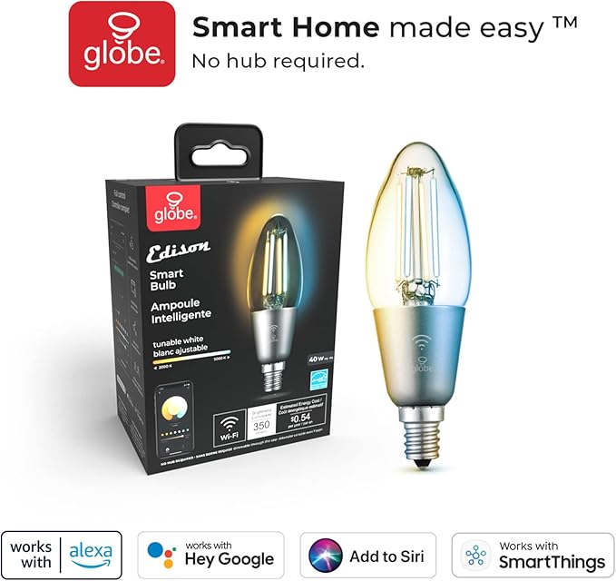 Globe Electric Wi-Fi Smart 4.5W (40W Equivalent) Straight Filament Tunable White Clear LED Light Bulb, No Hub Required, Voice Activated, Energy Star, 2000K - 5000K, Vintage Edison Style, 350 Lumns