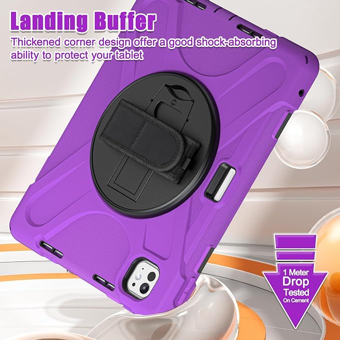 Batianda Case for New iPad Pro 11-inch 2025 M5 2024 M4 Chip Heavy Duty Rugged Durability Silicone Tablet Cover with 360° Rotating Hand Strap Foldable Hidden Stand & Shoulder Strap, Purple