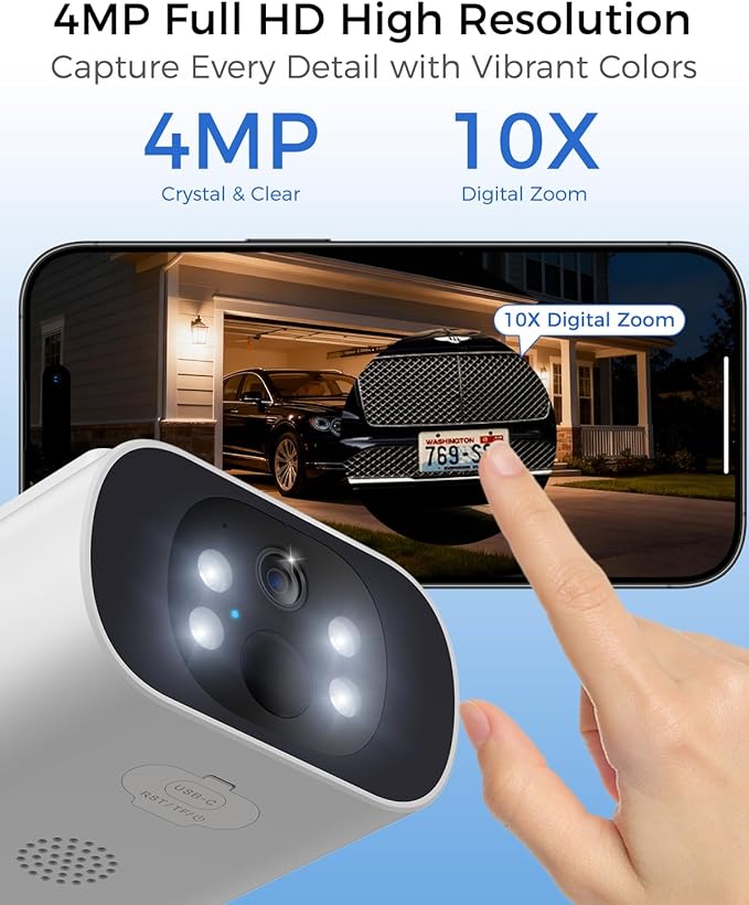 Solar Security Cameras Wireless Outdoor, 4MP Cameras for Home Security Camera System, 64GB Local Storage, No Subscription, Easy Setup, Color Night Vision, 2.4 & 5G WiFi, 4-Cam Kit