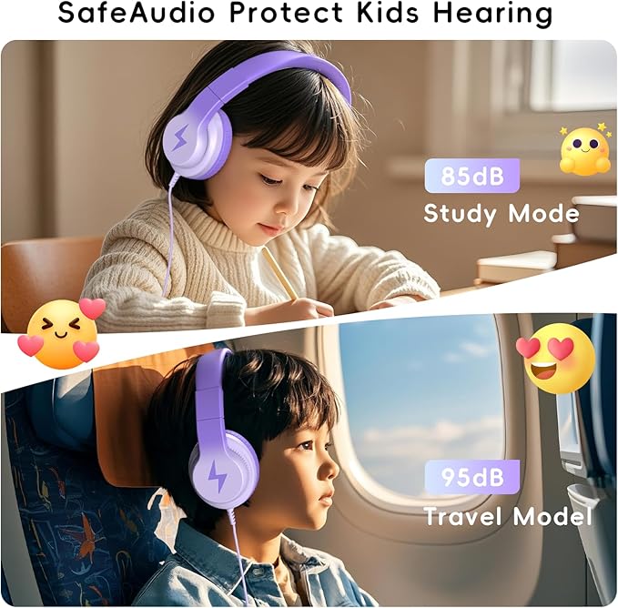 Candy Bila Kids Headphones, Wired Headphones for Kids Over Ear with Microphone, 85/94dB Volume Limiter Headphone for Girls Boys, Foldable Headphone for Learning & Entertainment, Gradient Deep Purple