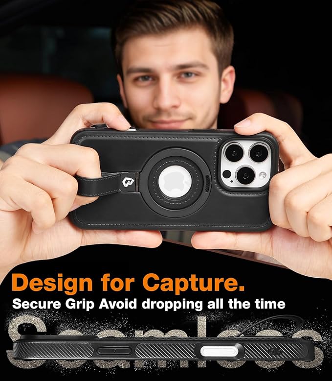 Butaiga for iPhone 15 Plus/iPhone 14 Plus Leather Case with Stand, Anti-Slip Grip Ring, Fits for MagSafe (Black, iPhone 15/14 Plus)
