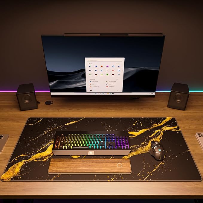 KTRIO Large Gaming Mouse Pad Desk Mat, Superior Micro-Weave Cloth, Non-Slip Rubber Base, Stitched Edges, Water-Resistant, for Gamer, Office & Home, 31.5 x 15.7 Inch， Black Gold