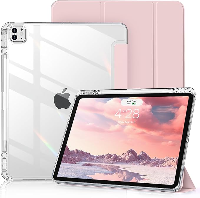 Clear Case for iPad Pro 12.9 inch 6th/5th/4th/3rd Gen with Pencil Holder [Support Pencil Charging] Auto Wake/Sleep, Lightweight Shockproof Trifold Stand Transparent Hard PC Back Cover, Pink-2