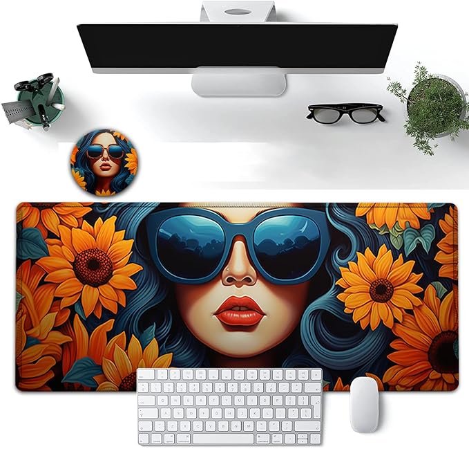 Large Mouse Pad, 31.5 x 11.8in Extended Gaming Mouse Pad with Stitched Edges, XXL Desk pad Protector Non Slip Rubber Base for Office Home Writing Mat,African American Pretty Girl Sunflower Woman