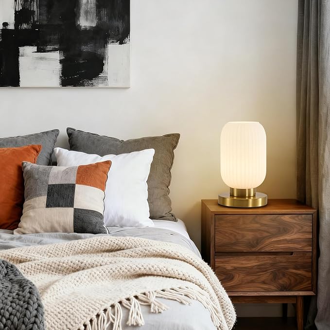 Glass Mid Century Table Lamp: 5.9" Milk White Ribbed Small Nightstand Bedside Vintage Desk Lamps - Cute Cozy Ambient Bedroom Night Lamp with Dimmable Plug in Cord - Modern e26 Grass Entryway Mcm Lamps