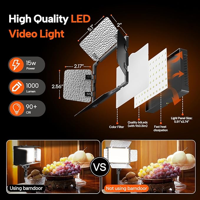 2 Pack LED Video Photography Lighting Kit with 54'' Tripod Stand, Dimmable 5600K USB Studio Lights with Barndoor -9 Color Lighting for Video Recording, Photo Studios, YouTube, TikTok, Game Streaming