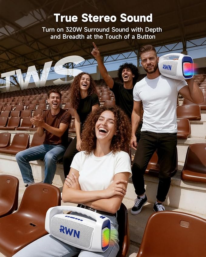 RWN Outdoor Bluetooth Speaker: 160W Loud Sound, IP67 Waterproof with 24H Playtime, Fast Charge, Bass, TWS, Portable Wireless Speakers with Light Show for House, Party, Projector, Beach (Blue+White)