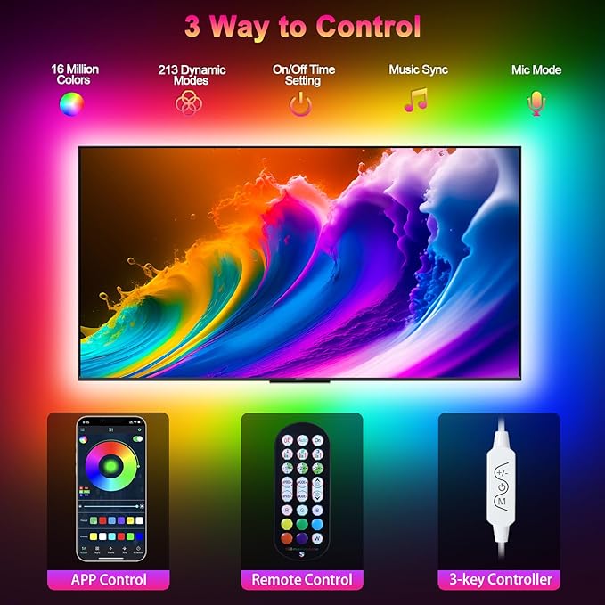Daymeet Led Lights for TV, 13.1ft Strip Lights for 45-60 inch Tv, RGB Music Sync TV Backlight Color Changing, Bluetooth APP Remote Control Tv Lights USB Powered LED Strip Lights for Bedroom Decor