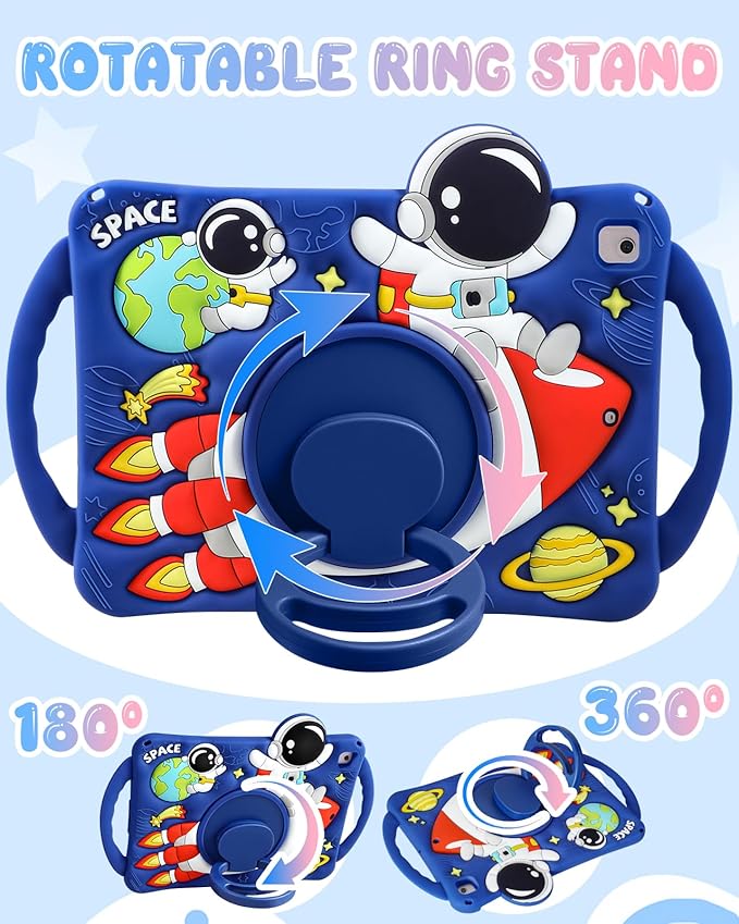 Boaretiu Kids Case for iPad 6th/5th Generation/Pro 9.7 inch/Air2/Air1 - Cute Cartoon Astronaut Spaceship Silicone Case with Strap & Rotating Stand Soft 3D Tablet Cover for Boys Teens
