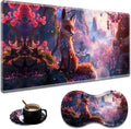 Ergonomic Fox Cherry Blossom Extended Mouse Pad 31.5" x 11.8" Set, with Wrist Rest & Lace Coasters, Pain Relief Design, Non-Slip Desk Mat for Home & Gaming