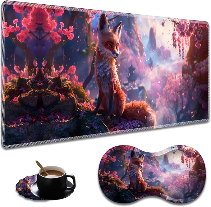Ergonomic Fox Cherry Blossom Extended Mouse Pad 31.5" x 11.8" Set, with Wrist Rest & Lace Coasters, Pain Relief Design, Non-Slip Desk Mat for Home & Gaming
