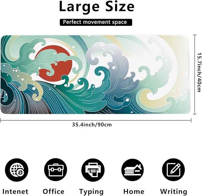 Ocean Wave and Sun Desk Mat,Traditional Japanese Wave Extended Gaming Mouse Pad,Large Non-Slip Rubber Base Mousepad with Stitched Edges,Waterproof Mouse Mat Desk Pad for Office Game Home 35.4x15.75 in
