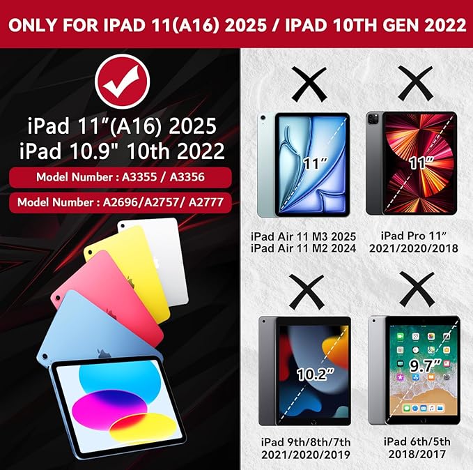 ZoneFoker Case for iPad (A16) 11th/10th Generation 11/10.9 inch 2025/2022, Heavy Duty Military Grade Shockproof Rugged Cover with Pencil Holder/Stand for i Pad 11th / 10 th Gen (Black+Red)