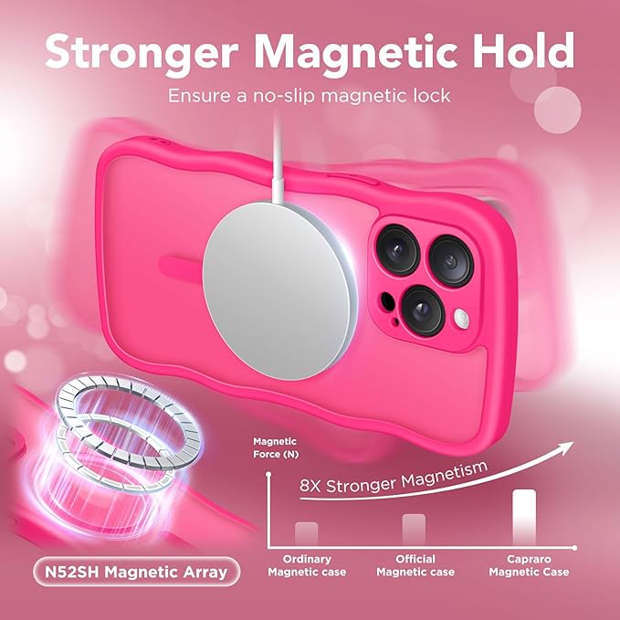 CAPRARO Cute for iPhone 13 Pro Case, Compatible with MagSafe, [Curly Wave Edge] [Full Camera Protection] [14 FT Drop Protection] Magnetic Phone Case for 13 Pro 6.1 Inch, Hot Pink