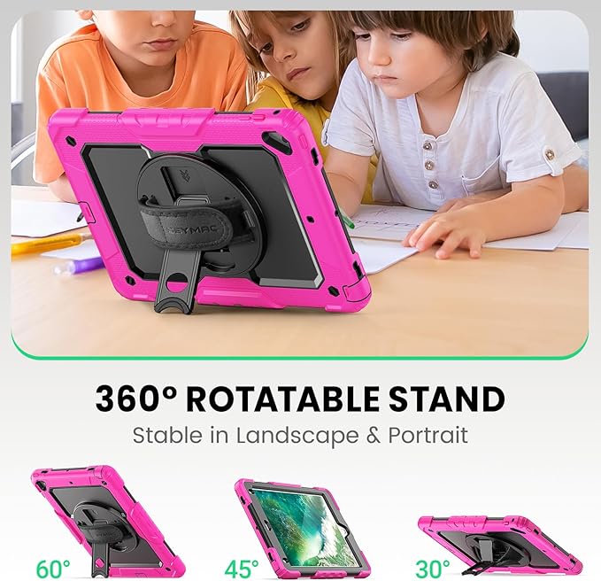 SEYMAC Case for iPad 6th/5th Generation 9.7 Inch, Full-Body Shockproof Heavy Duty Protective Case with Screen Protector, Rotating Stand/Hand/Shoulder Strap for iPad Air 2/ Pro 9.7, Pink