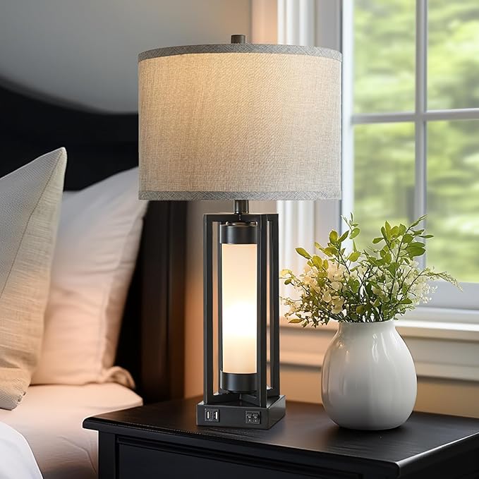 Set of 2 Modern Table Lamps for Living Room with USB C+A Ports, Rustic Nightstand Lamp with White Night Light, Retro Desk Lamp for Bedroom End Table Entryway, 4 Bulb Included (Black)