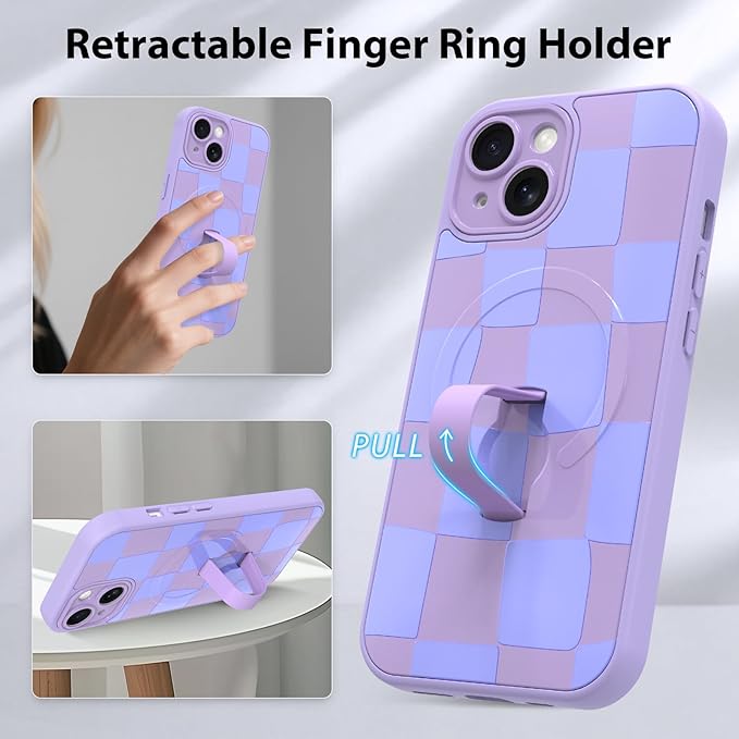 KANGHAR Compatible with iPhone 15 Case, Support for MagSafe, Silicone Checkered Cute Pattern, Wristband Kickstand Camera Protection Soft Slim Cover for Girls Women -Purple