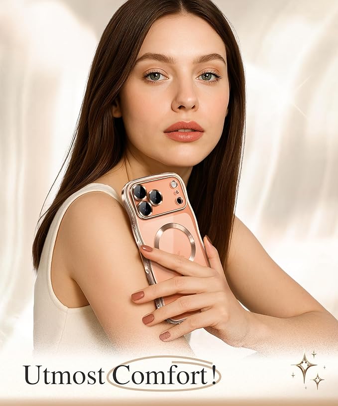 GVIEWIN for iPhone 17 Pro Max Case Compatible with MagSafe, Upgraded [Full Camera Protection][Cute Wave Frame][Military Grade Protection] Electroplated Hard Phone Cover for Women Girl,Clear/Rose Gold