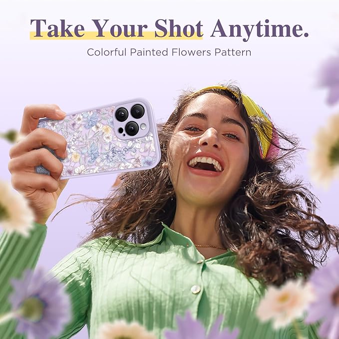 GVIEWIN for iPhone 15 Pro Max Case Compatible with MagSafe, [Military Grade Protection] [Screen Protector] Full Camera Protection Floral Translucent Women Magnetic Phone Case, Apricot Blossom/Purple