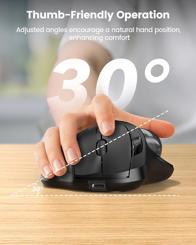 SABLUTE MAM2 Wireless Trackball Mouse with 5-Level DPI, Ergonomic Mouse 2.4G Plug-and-Play for 3 Devices (Bluetooth or USB Receiver), 500mAh Battery, Compatible with PC/Laptop/Mac/Windows-Grey Ball