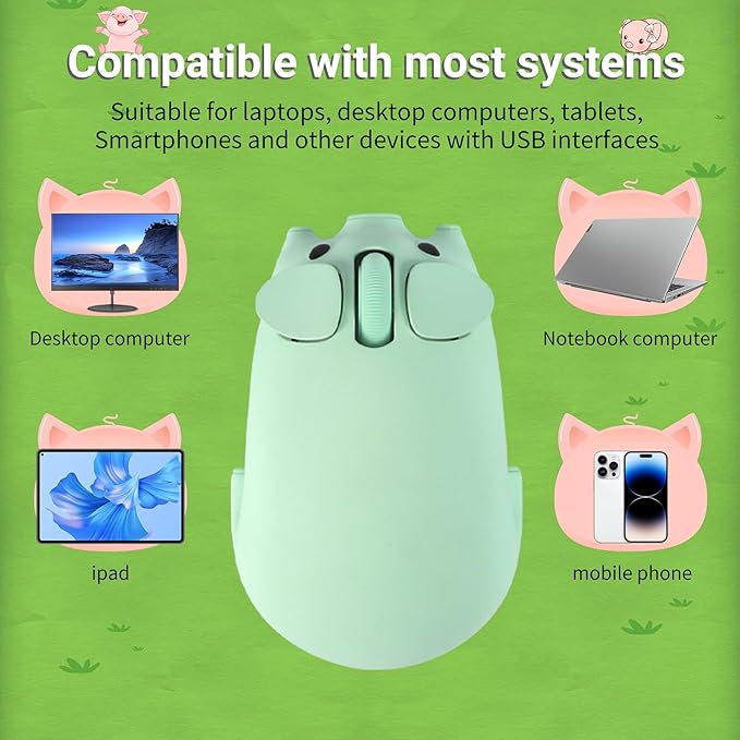 elec Space Cute Pig Design Wireless Mouse Dual Mode Bluetooth & USB Mouse, Silent Operation, Ergonomic, Perfect for Laptops & PCs, Ideal Gift for Animal Lovers and Family(Green)