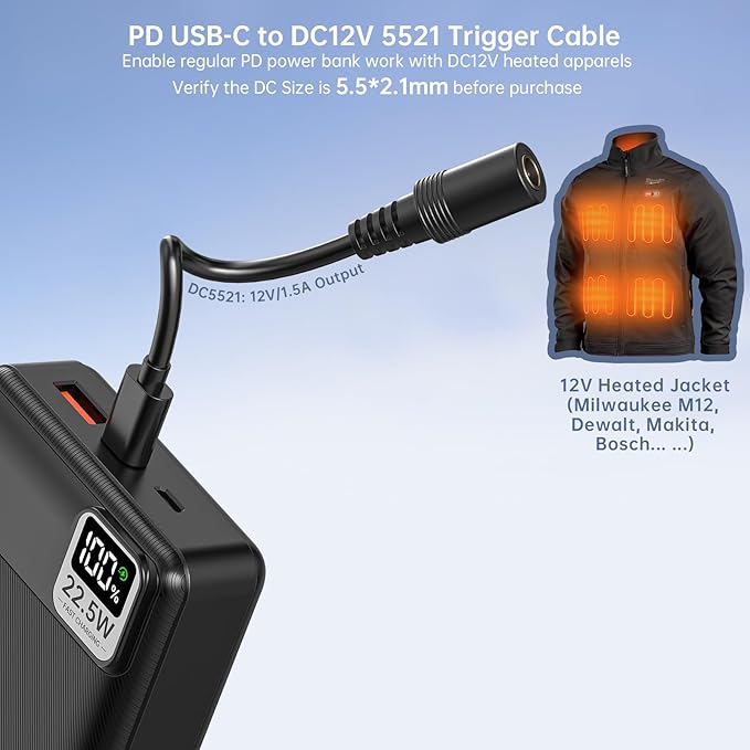 12V Heated Jacket Battery Pack 20000mAh (12V/6.5Ah) for DC5521 Input Milwaukee Dewalt Bosch Makita and Other’s Electric Heating Vests/Hoodies/Jackets/Camping Chair/Seat Cushion/Blanket